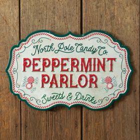 North Pole Peppermint Parlor Metal Wall Sign - Festive Holiday Decor for Home or Office