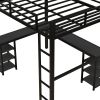 Full Metal Loft Bed with Desk and Shelves, Loft Bed with Ladder and Guardrails, Loft Bed Frame for Bedroom, Black with Black Desk