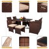 (Limited time purchase) Outdoor 9 Pcs Wood Grain PE Wicker Rattan Dining Ottoman with Tempered Glass Table Patio Furniture Set XH