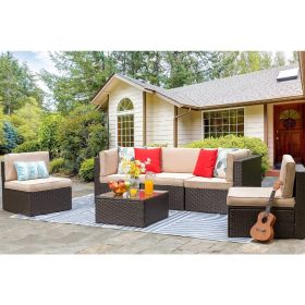 6 Piece Small Patio Furniture Sets,All Weather PE Wicker Rattan Sectional Sofa with Glass Table,Cushions and Red Pillows,(Beige)