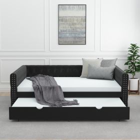 Daybed with Trundle Velvet Upholstered Tufted Sofa Bed, with Button and Copper Nail onSquare Arms,Full Daybed & Twin Trundle- For Bedroom, Living Room