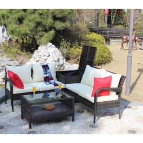 4 Piece Patio Sectional Wicker Rattan Outdoor Furniture Sofa Set with Storage Box Brown