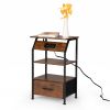 Rustic Nightstand, Bedside Table with Drawer and Shelves, USB Ports and Outlets, Remote Control, LED Lights, End Table for Bedroom Living Room, Office