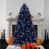 8ft Pre-Lit Black Christmas Tree, Full Halloween Xmas Artificial Tree 2486 Branch Tips, 600 Lights, Metal Hinges, Foldable Base