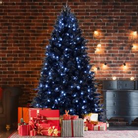 8ft Pre-Lit Black Christmas Tree, Full Halloween Xmas Artificial Tree 2486 Branch Tips, 600 Lights, Metal Hinges, Foldable Base