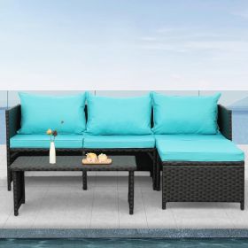 3-Piece Outdoor PE Rattan Furniture Set Patio Black Wicker Conversation Loveseat Sofa Sectional Couch Turquoise Cushion