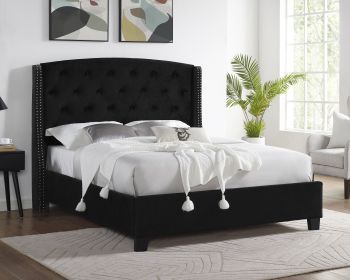 1pc Contemporary Style Upholstered Fabric Button Tufting Nailhead Trim Demi-wings Eva Bed Black Finish Wooden Bedroom Furniture