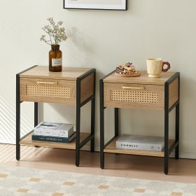 Set of 2, 15.74" Rattan End table with drawer, Modern nightstand, metal legs,side table for living room, bedroom,natural