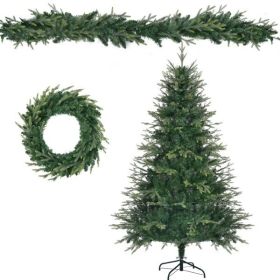 6FT Pre-Lit Aspen Fir Artificial Christmas Tree with Wreath & Garland,Grass Green Xmas Tree with 380 Multi-Color LED Lights, 11 Lighting Modes