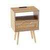 15.75" Rattan End table with Power Outlet & USB Ports , Modern nightstand with drawer and solid wood legs, side table for living room, bedroom