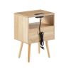 15.75" Rattan End table with Power Outlet & USB Ports , Modern nightstand with drawer and solid wood legs, side table for living room, bedroom