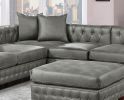 Slate Grey Breathable Leatherette 4pc Sectional Set 3x Reversible Loveseat / Chaise and 1x Ottoman Tufted Couch Pillows