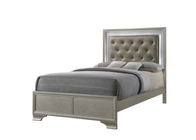 Modern Champagne Crocodile Skin Finish Upholstered 1pc Twin Size LED Panel Bed Faux Diamond Tufted Bedroom Furniture