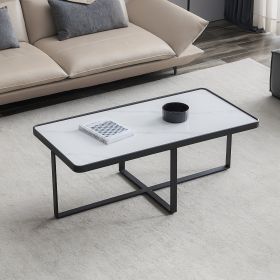 Minimalism rectangle coffee table; Black metal frame with sintered stone tabletop