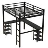 Full Metal Loft Bed with Desk and Shelves, Loft Bed with Ladder and Guardrails, Loft Bed Frame for Bedroom, Black with Black Desk