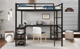 Full Metal Loft Bed with Desk and Shelves, Loft Bed with Ladder and Guardrails, Loft Bed Frame for Bedroom, Black with Black Desk