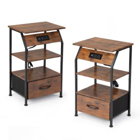 Set of 2 Nightstands with Charging Station, Bed Side Table with Non-woven Drawers, Shelves for Bedroom Living Room, End Table with USB Outlets