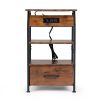 Rustic Nightstand, Bedside Table with Drawer and Shelves, USB Ports and Outlets, Remote Control, LED Lights, End Table for Bedroom Living Room, Office