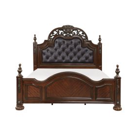 Formal Traditional Queen Bed 1pc Button Tufted Upholstered Headboard Posts Cherry Finish Bedroom Furniture Carving Wood Design