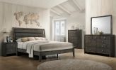 1pc Queen Size Gray Finish Panel Bed Geometric Design Frame Softly Curved Headboard Wooden Bedroom Furniture