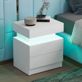 Modern White Nightstand with LED Light 2 Drawers Flipping Top Storage Bedroom Furniture bedside table