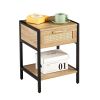 Set of 2, 15.74" Rattan End table with drawer, Modern nightstand, metal legs,side table for living room, bedroom,natural