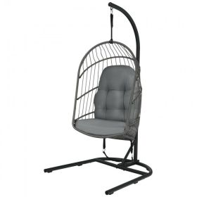 Hanging Wicker Egg Chair with Stand and Cushion (Color: gray)