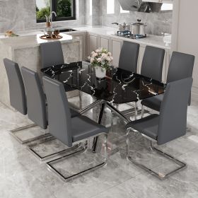 Table and chair set, large modern minimalist rectangular dining table, 0.39-inch black imitation marble tabletop and silver metal legs (Color: as Pic)