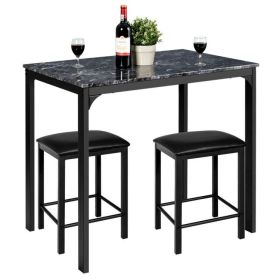 3 Pieces Dining Table Set with Faux Marble Tabletop and 2 Chairs Ideal for Small Space (Color: Black)