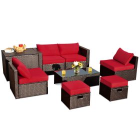 8 Pieces Patio Space-Saving Rattan Furniture Set with Storage Box and Waterproof Cover (Color: Red)