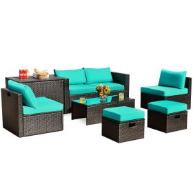 8 Pieces Patio Space-Saving Rattan Furniture Set with Storage Box and Waterproof Cover (Color: Turquoise)