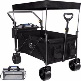 Collapsible Wagon Heavy Duty Folding Wagon Cart with Removable Canopy, 4" Wide Large All Terrain Wheels, Brake, Adjustable Handles (Color: as picture)