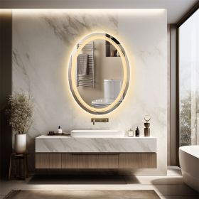 Large Oval LED Bathroom Mirror Lighted Mirror Anti-Fog Vanity Bathroom Backlit Dimmable Wall Mounted 3 Colors Memory with Plug (Color: 20x28 inch)