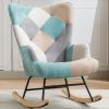 Modern Patchwork Accent Chair with Solid Wood Armrest and Feet, Kids Rocking Chair Nursery,Comfy Wingback Baby Rocker Glider Chair for Nursery