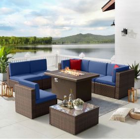 Patio Furniture Set, 8PCS with 40" Fire Pit Table Sectional Sofa Set with Coffee Table, Wicker Furniture Set (Color: Blue)