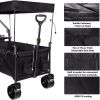 Collapsible Wagon Heavy Duty Folding Wagon Cart with Removable Canopy, 4" Wide Large All Terrain Wheels, Brake, Adjustable Handles