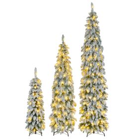 8FT, 6FT, 4FT Pre-Lit Pencil Christmas Trees, 3-set Slim Artificial Christmas Tree With Snow Flocking, Xmas Holiday Decoration Tree, 1455 Branch Tips (Color: White+Green)