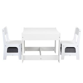 3-in-1 Kids Wood Table and 2 Chairs, Children Activity Table Set with Storage, Blackboard, Double-Sided Table for Drawing (Color: white+gray)