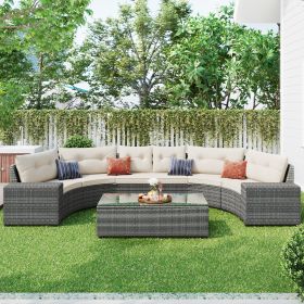 8-pieces Outdoor Wicker Round Sofa Set, Half-Moon Sectional Sets All Weather, Curved Sofa Set With Rectangular Coffee Table (Color: Beige)