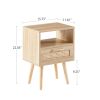 15.75" Rattan End table with drawer and solid wood legs, Modern nightstand, side table for living room, bedroom