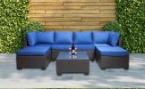 7 Pieces Outdoor Patio Sectional Sofa Couch, Silver Gray PE Wicker Furniture Conversation Sets with Washable Cushions & Glass Coffee Table for Garden