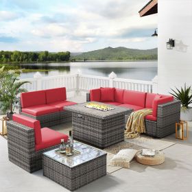 Patio Furniture Set, 8PCS with 40" Fire Pit Table Sectional Sofa Set with Coffee Table, Wicker Furniture Set (Color: Red)