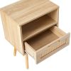 15.75" Rattan End table with drawer and solid wood legs, Modern nightstand, side table for living room, bedroom